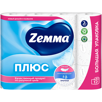 Туалетная бумага 2 сл, 23м*12 рулонов Zemma Plus, белый